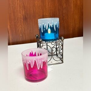 Home interiors pink and blue glass votive candle Holders